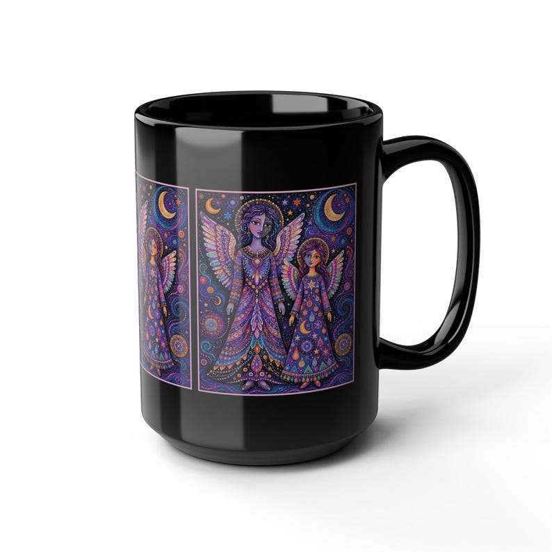 Mystische Engel Schwestern Tasse | Engel Sophie & Elsbeth | Lila Himmlischer Mond Sterne Boho Artwork Tasse | Schwarze Keramik Kaffeetasse Bild 14