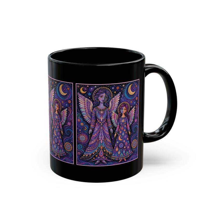 Mystische Engel Schwestern Tasse | Engel Sophie & Elsbeth | Lila Himmlischer Mond Sterne Boho Artwork Tasse | Schwarze Keramik Kaffeetasse Bild 8