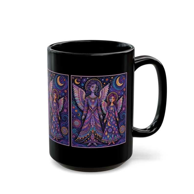 Mystische Engel Schwestern Tasse | Engel Sophie & Elsbeth | Lila Himmlischer Mond Sterne Boho Artwork Tasse | Schwarze Keramik Kaffeetasse Bild 13