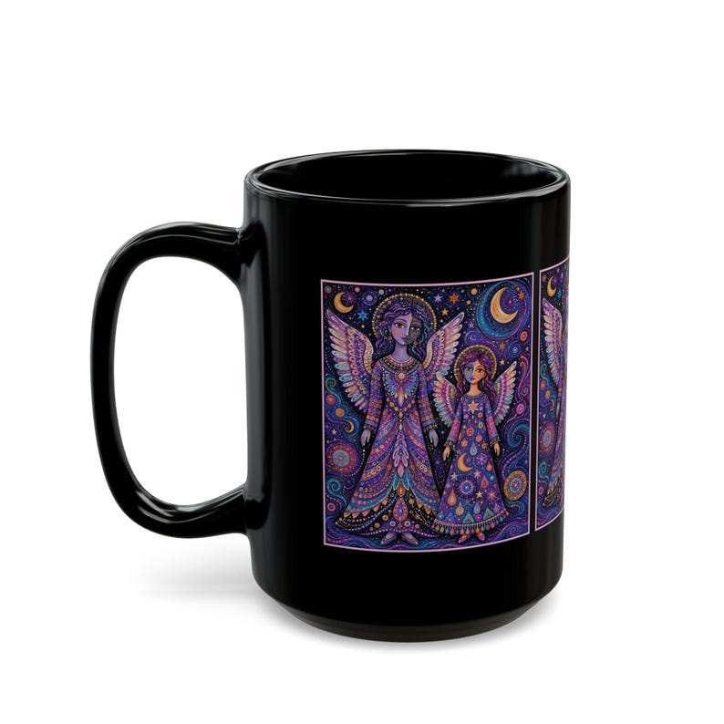 Mystische Engel Schwestern Tasse | Engel Sophie & Elsbeth | Lila Himmlischer Mond Sterne Boho Artwork Tasse | Schwarze Keramik Kaffeetasse Bild 11