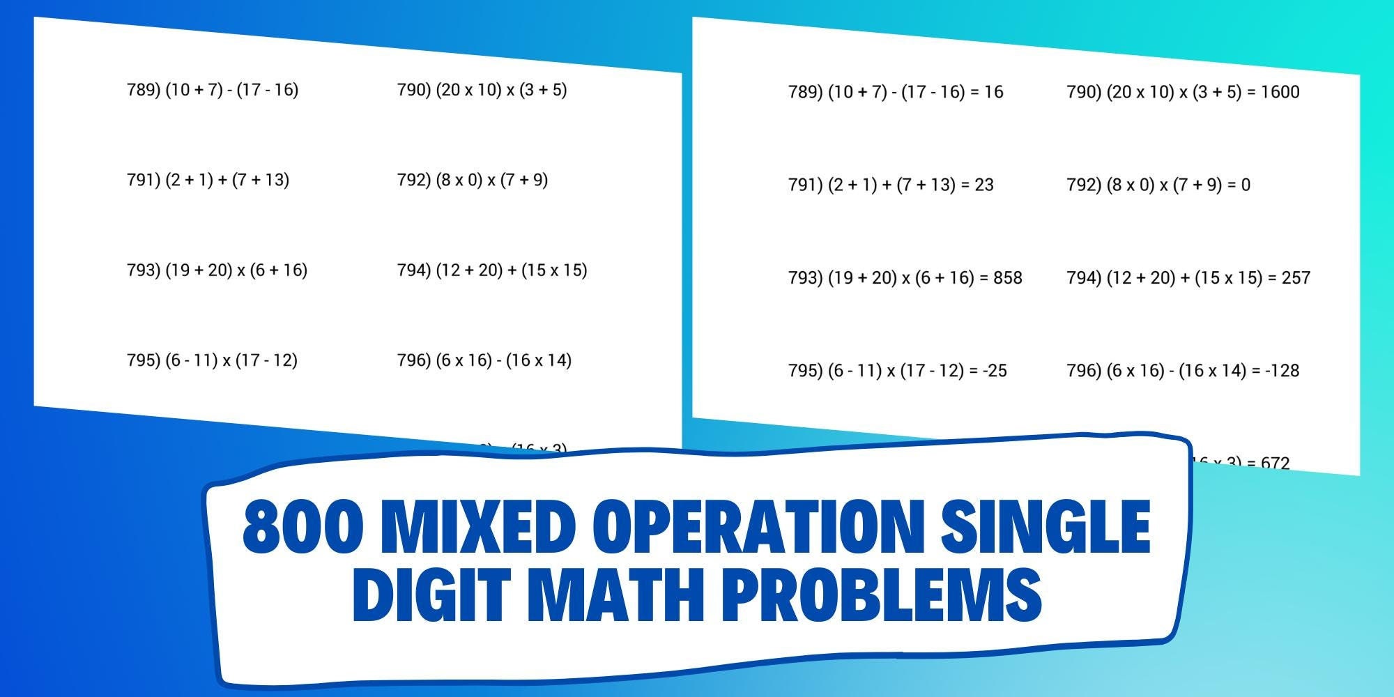 Peripheral Rights Math PLR Rights | 800 Mixed Operations Single Digit Math Problems Printable ...