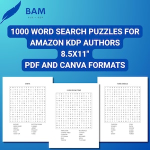Puede incluir: Imagen promocional de 1000 rompecabezas de búsqueda de palabras para autores de Amazon KDP. La imagen presenta tres rompecabezas de búsqueda de palabras con diferentes temas, incluyendo camisas, artículos de sala de estar y animales de granja. Los rompecabezas miden 21,59 cm x 27,94 cm y están disponibles en formatos PDF y Canva.