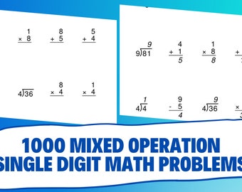 1000 Math Problems Amazon KDP Interior Printable PDF Addition Subtraction Multiplication Division Pre-Algebra Single Digit Mixed Operations