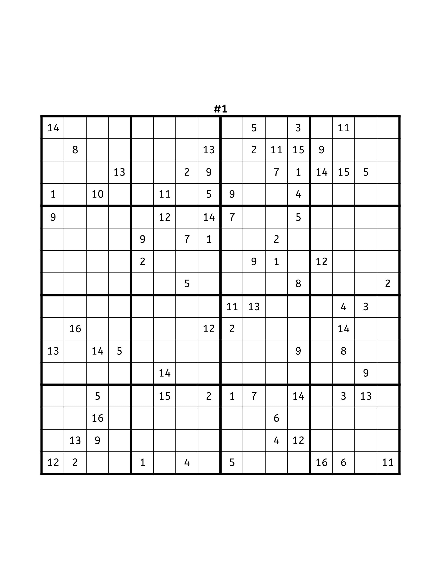 80 16x16 Sudoku Puzzles 8.5x11