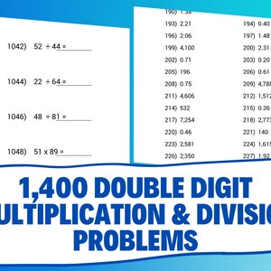 Può includere: Un foglio di lavoro con 1.400 problemi di moltiplicazione e divisione a due cifre. Il foglio di lavoro è diviso in due colonne, ciascuna con una serie di problemi. I problemi sono numerati e includono una varietà di operazioni, come moltiplicazione, divisione, addizione e sottrazione.