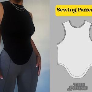 May include: A sewing pattern for a sleeveless, fitted top with a curved hemline. The pattern is labeled "Sewing Pattern" and "The Muse".