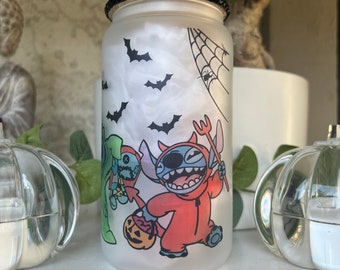 Spooky Stitch Glass Tumbler | Halloween Stitch Cup| Spooky Season Tumbler| Sublimation can| Frosted glass cup| Halloween Cup.