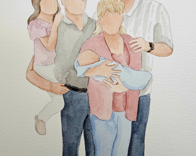 Custom Faceless Family Portrait | Hand-Painted Watercolor Art | Personalized Keepsakes for up to 6 Members