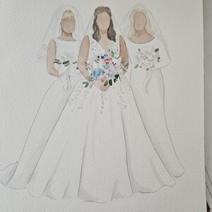 K&ouml;nnte beinhalten: Ein Aquarellbild von drei Frauen in wei&szlig;en Kleidern. Die Frau in der Mitte ist die Braut und h&auml;lt einen Strau&szlig; aus rosa, blauen und wei&szlig;en Blumen. Die beiden Frauen an ihren Seiten sind Brautjungfern.