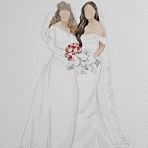 K&ouml;nnte beinhalten: Aquarellmalerei von zwei Personen in Hochzeitskleidern, die einen Blumenstrau&szlig; halten. Der Strau&szlig; besteht aus roten, wei&szlig;en und blauen Blumen.