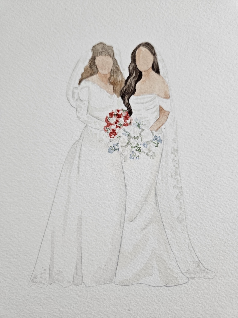 K&ouml;nnte beinhalten: Aquarellmalerei von zwei Personen in Hochzeitskleidern, die einen Blumenstrau&szlig; halten. Der Strau&szlig; besteht aus roten, wei&szlig;en und blauen Blumen.