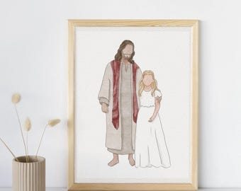 Aquarelle du Christ et de l'enfant : cadeau de baptême personnalisable (téléchargement numérique)