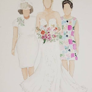 K&ouml;nnte beinhalten: Aquarellgem&auml;lde von drei Personen in wei&szlig;en Kleidern. Die Person in der Mitte tr&auml;gt ein wei&szlig;es Hochzeitskleid mit einem Blumenstrau&szlig;. Die Person links tr&auml;gt ein wei&szlig;es Kleid mit einem Hut. Die Person rechts tr&auml;gt ein wei&szlig;es Kleid mit einem Blumenmuster.