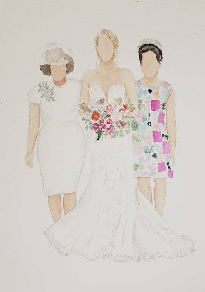 K&ouml;nnte beinhalten: Aquarellgem&auml;lde von drei Personen in wei&szlig;en Kleidern. Die Person in der Mitte tr&auml;gt ein wei&szlig;es Hochzeitskleid mit einem Blumenstrau&szlig;. Die Person links tr&auml;gt ein wei&szlig;es Kleid mit einem Hut. Die Person rechts tr&auml;gt ein wei&szlig;es Kleid mit einem Blumenmuster.