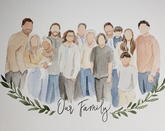 13+ People Faceless Family Portrait  Custom Watercolor Painting