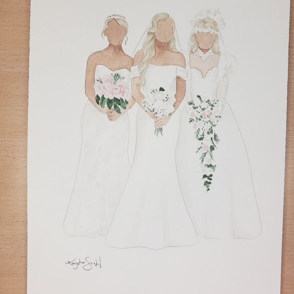 Aangepaste aquarel bruiloft portret: gepersonaliseerde bruids aandenken