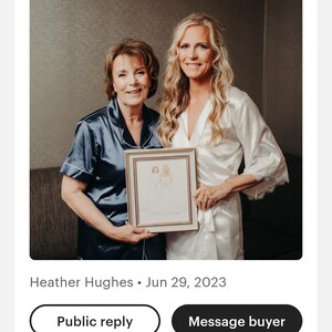 K&ouml;nnte beinhalten: Eine Kundenbewertung eines benutzerdefinierten Familienportr&auml;ts ohne Gesichter. Die Bewertung enth&auml;lt ein Foto von zwei Frauen, die ein gerahmtes Portr&auml;t von zwei Personen halten. Die Bildunterschrift lautet "Heather Hughes - 29. Juni 2023".