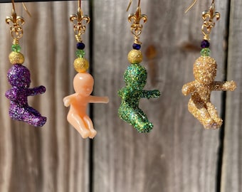 King Cake Baby Earrings, Mardi Gras Fleur de Lis Dangles