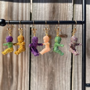 Mardi Gras King Cake Baby Glitter Earrings  Fleur de Lis Multi Colored Purple Green Gold Carnival Louisiana New Orleans Parade Day Jewelry