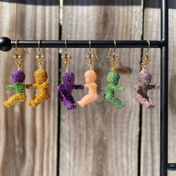 Mardi Gras King Cake Baby Glitter Earrings  Fleur de Lis Multi Colored Purple Green Gold Carnival Louisiana New Orleans Parade Day Jewelry