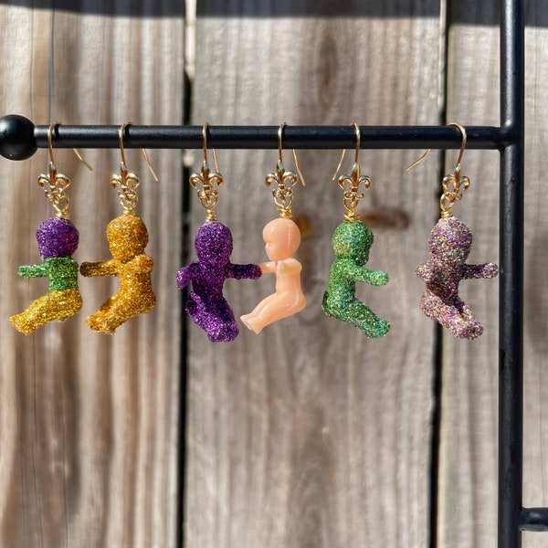 Mardi Gras King Cake Baby Glitter Earrings  Fleur de Lis Multi Colored Purple Green Gold Carnival Louisiana New Orleans Parade Day Jewelry