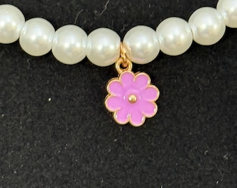 Glass Pearl Beaded Necklace with Flower Charm