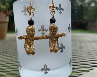 King Cake Baby Dangle Earrings: Black & Gold NOLA Saints Jewelry