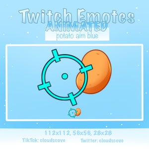 May include: Animated Twitch emote featuring a blue target with a brown potato in the center. The text "potato aim blue" is displayed above the image. The text "112x112, 56x56, 28x28" is displayed below the image. The text "Tik Tok: cloudscove" and "Twitter: cloudscove" is displayed below the text.