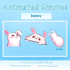 Puede incluir: Emojis animados de conejo en tres poses diferentes: una pose estática, una pose con el conejo mirando hacia la izquierda y una pose con el conejo mirando hacia la derecha. El conejo es rosa con orejas blancas y vientre blanco. Los emojis están disponibles en tres tamaños: 112x112, 56x56 y 28x28. Los emojis están disponibles en TikTok y Twitter bajo el nombre de usuario cloudscove.