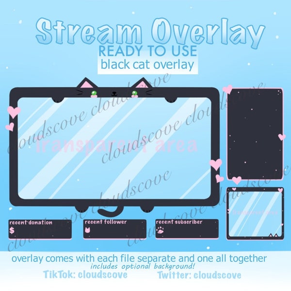 Black Cat Stream Overlay // Perfect for STREAMERS // Twitch Overlay // Cute Kitty Overlay // Optional BG // Separate Files