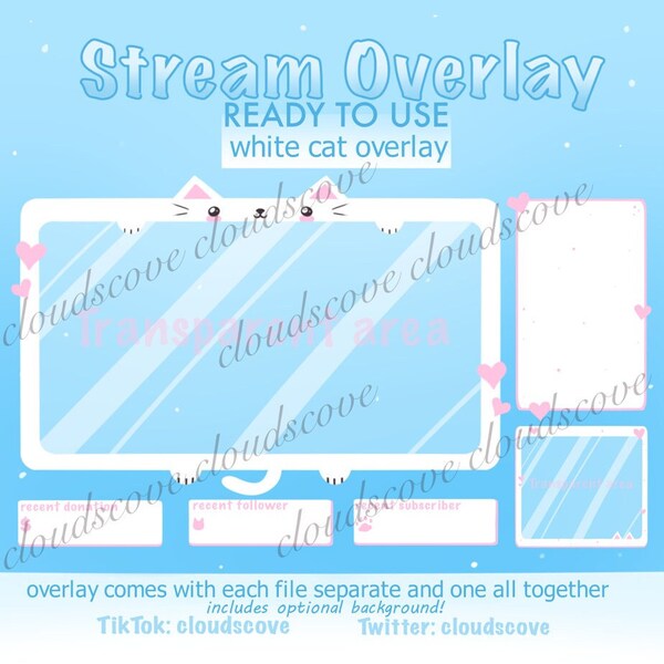 White Cat Stream Overlay // Perfect for STREAMERS // Twitch Overlay // Cute Kitty Overlay // Optional BG // Separate Files