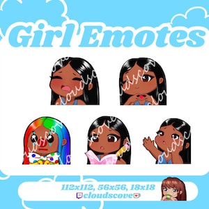 May include: A set of six animated emojis featuring a girl with different expressions. The emojis are in a cartoon style and are designed for use on social media or in chat applications. The emojis are 112x112, 56x56, and 18x18 pixels in size. The set includes a crying emoji, a heart emoji, a clown emoji, a reading emoji, a surprised emoji, and a drinking emoji.