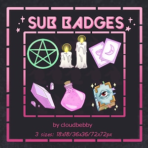 6x Twitch Pastel Witchy Sub Badges / Pentagram / Crystal / Spell Book / Tarot Card / Potion / Candles