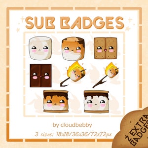 8x Twitch Smores Sub Badges / Loyalty Badges / Cheer Sub Badge Cute Kawaii Chocolate Marshmallow Smore
