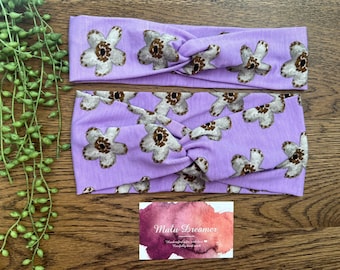 Women’s twist turban headband I Knot headbands. Purple floral print. Bamboo knit stretch fabric.