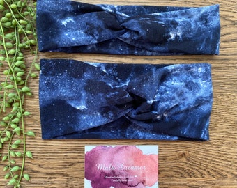 Women’s twist turban headband I Knot headbands. Abstract nebula print.