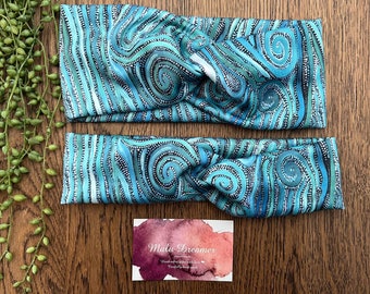 Women’s twist turban headband I Knot headbands. Aboriginal design: Emu Dreaming I Scuba material