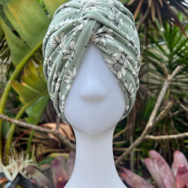 Full turban headwear l Handmade in Australia l Buttery soft stretch bamboo spandex l Chemotherapy cap I Wiradjuri women l Daisy