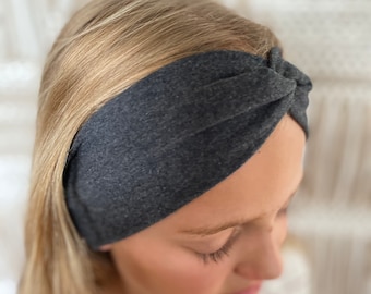 Women’s twist turban headband l Knot headband. Cotton Grey marle stretch.