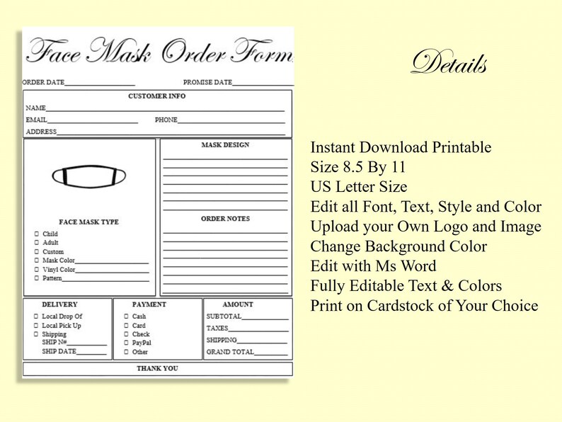 editable face mask order form printable ready to use template etsy