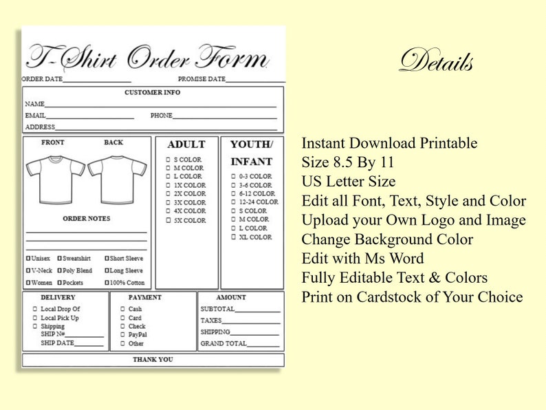 Editable TSHIRT Order Form Printable Ready to Use Template - Etsy