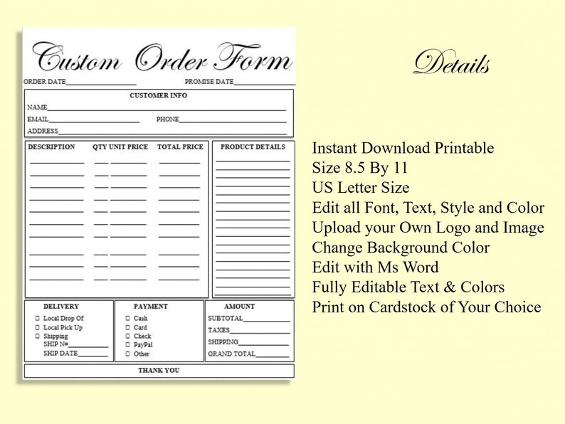 editable custom order form printable ready to use template etsy