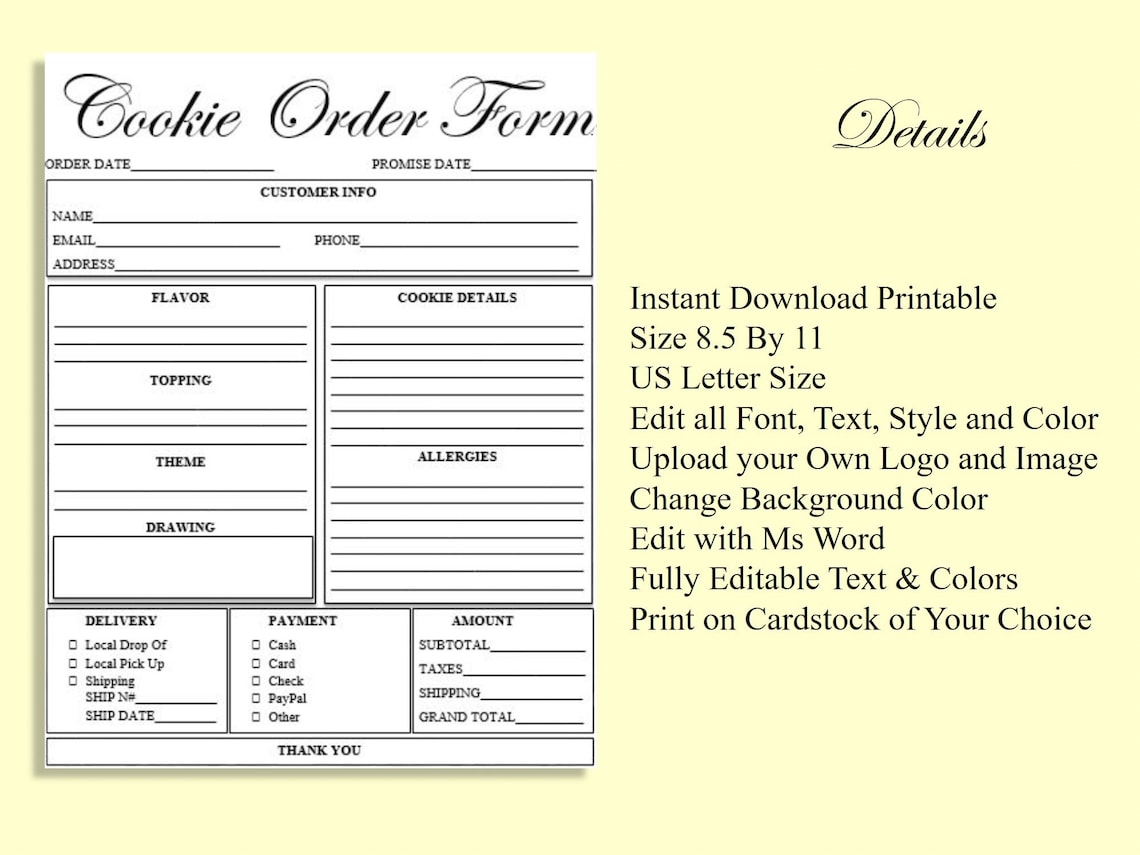 Editable COOKIE Order Form Printable Ready to Use Template Etsy