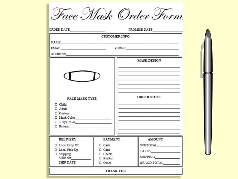 Editable FACE MASK Order Form Printable Ready to Use Template Etsy