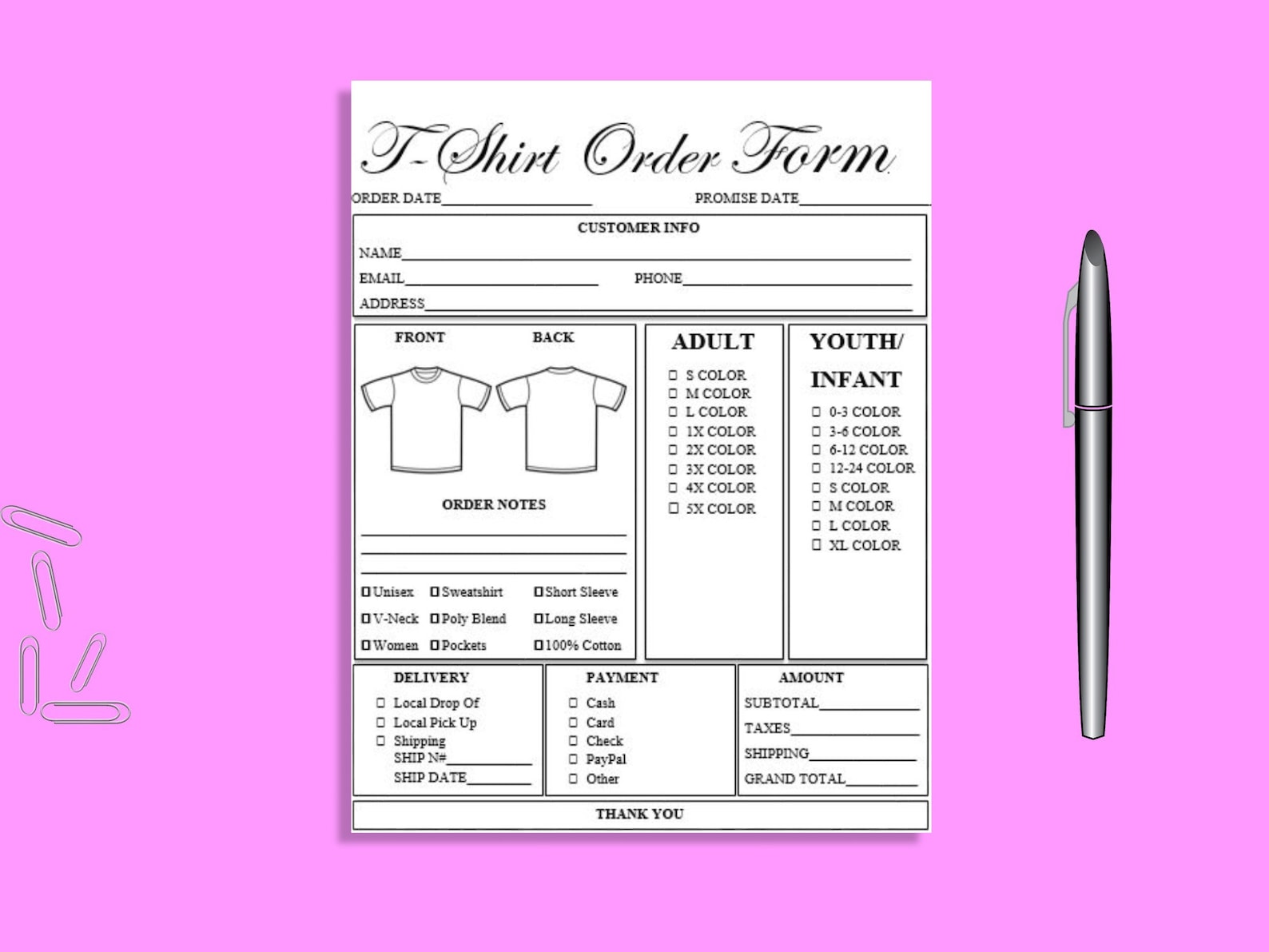 Editable TSHIRT Order Form Printable Ready To Use Template Etsy