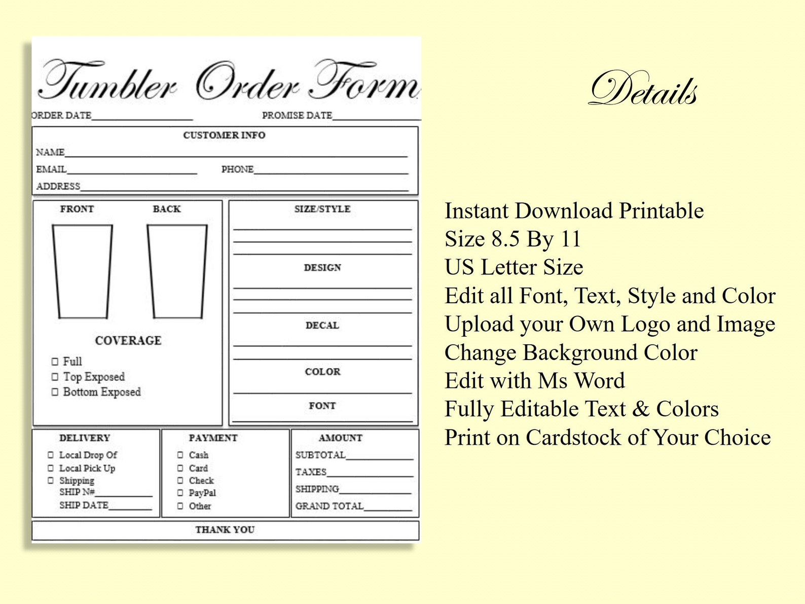 Editable TUMBLER Order Form Printable Ready To Use Template Etsy