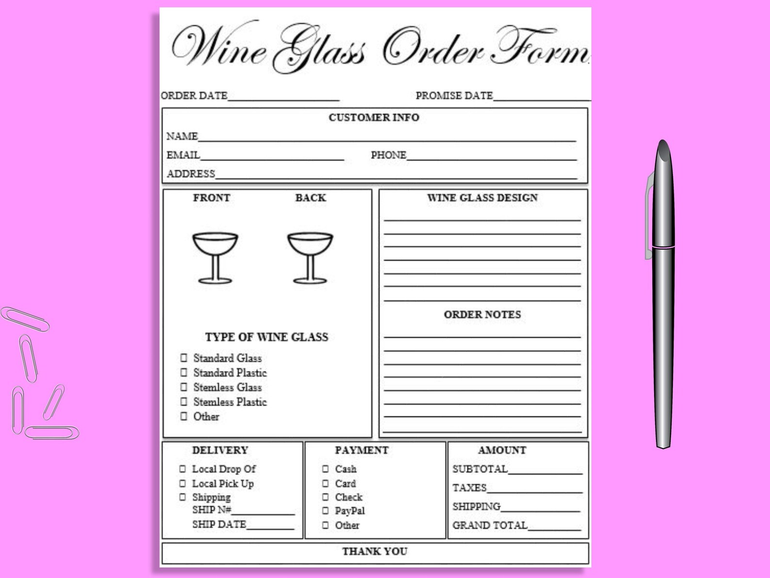 Editable WINE GLASS Order Form Printable Ready to Use Template Etsy