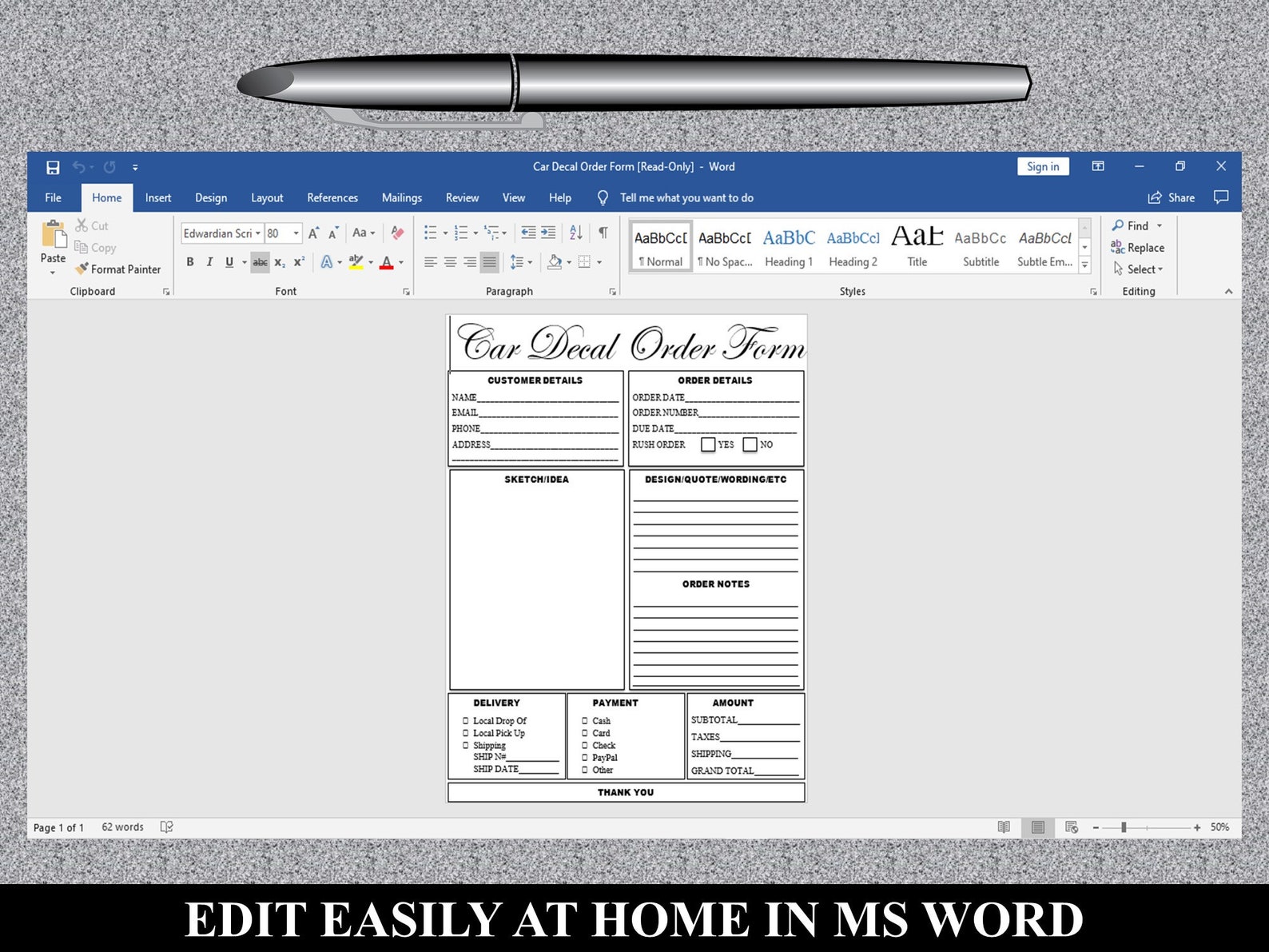 Editable PEN ORDER FORM Printable General Custom Pen Craft Etsy