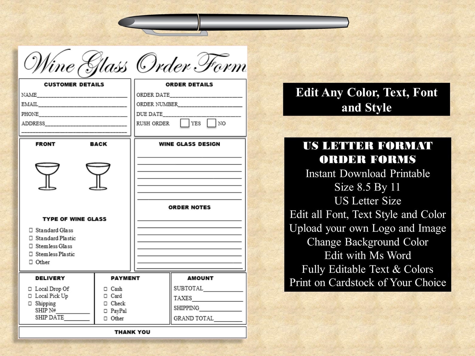 Editable WINE GLASS ORDER Form Printable General Wine Glass Etsy