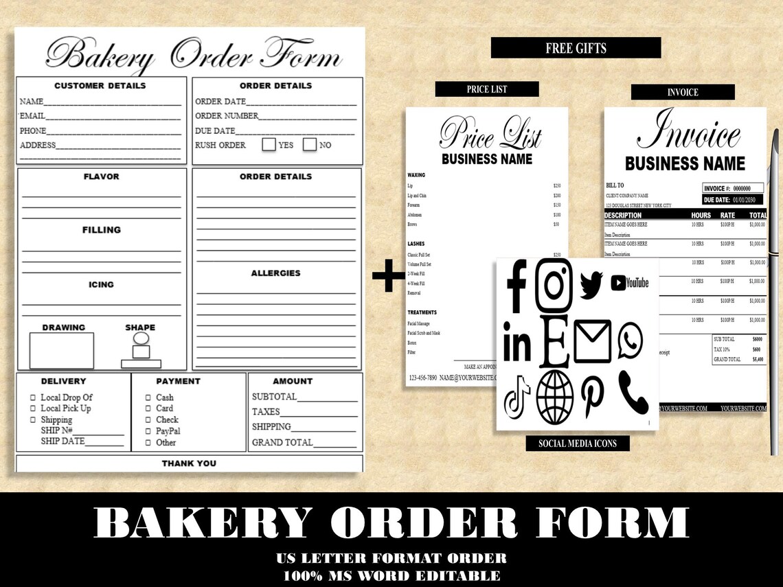 Editable BAKERY ORDER FORM Printable General Bakery Custom - Etsy